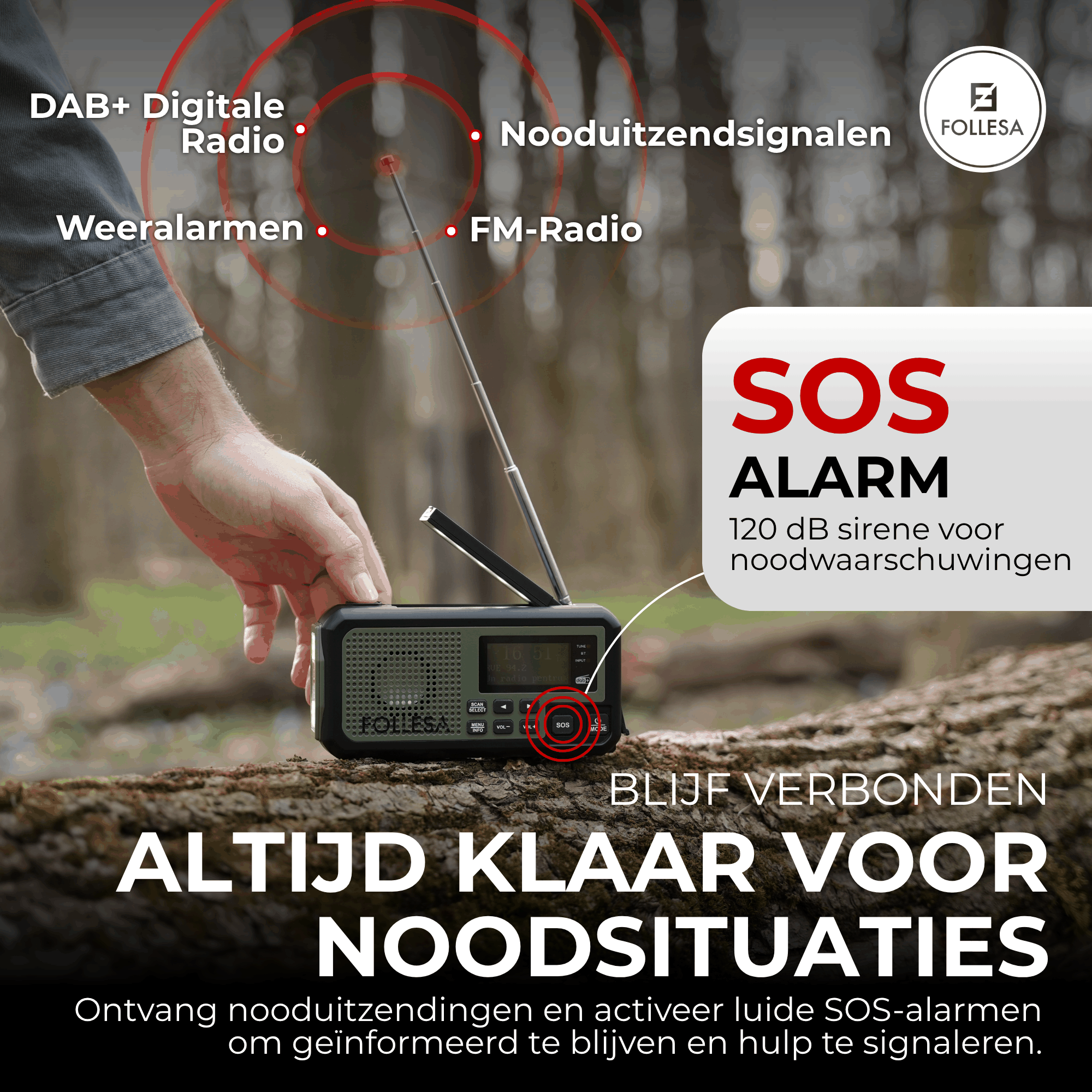 Follesa DAB-373BT green noodradio met zonnepaneel, handzwengel en powerbank voor noodgevallen