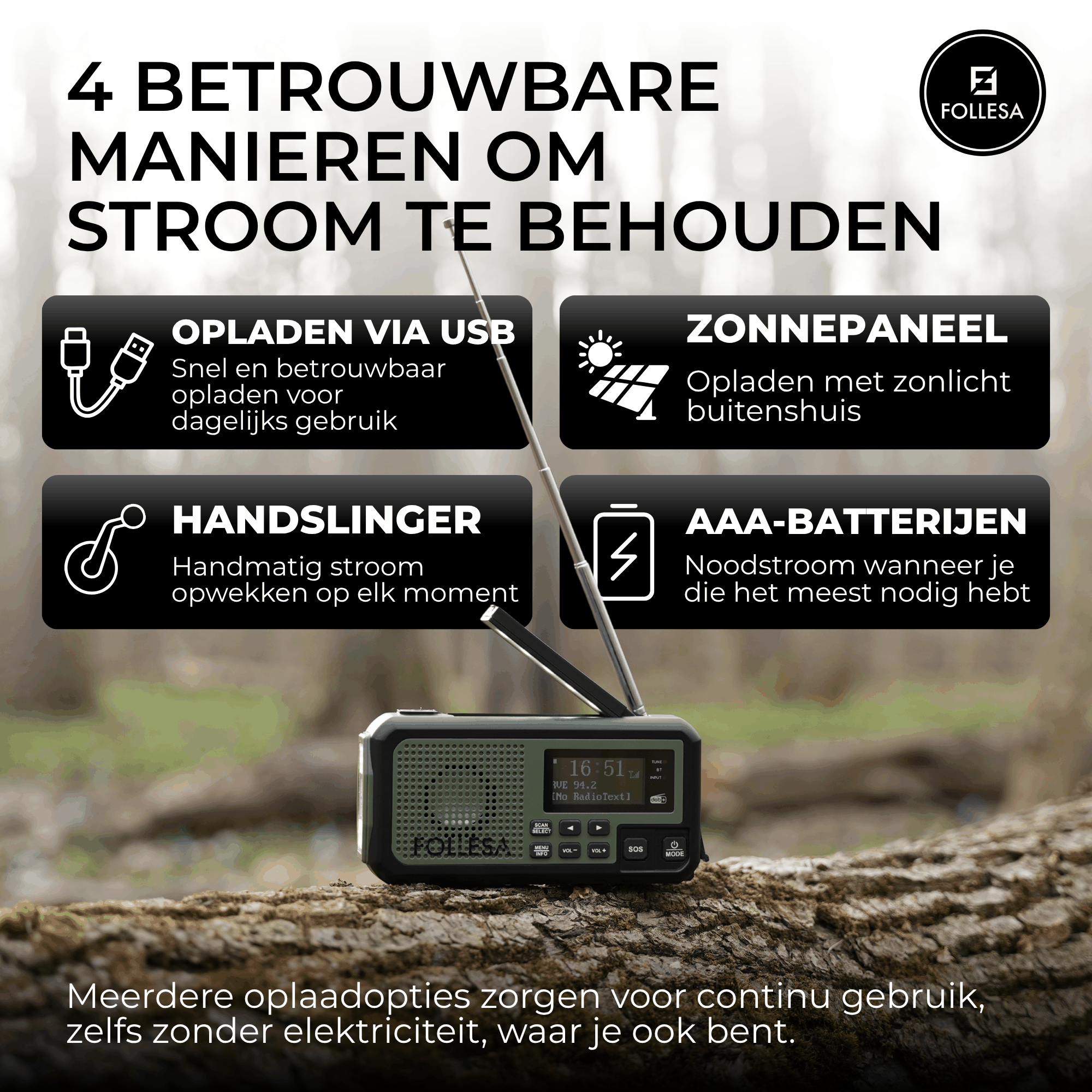 Follesa DAB-373BT green noodradio met zonnepaneel, handzwengel en powerbank voor noodgevallen