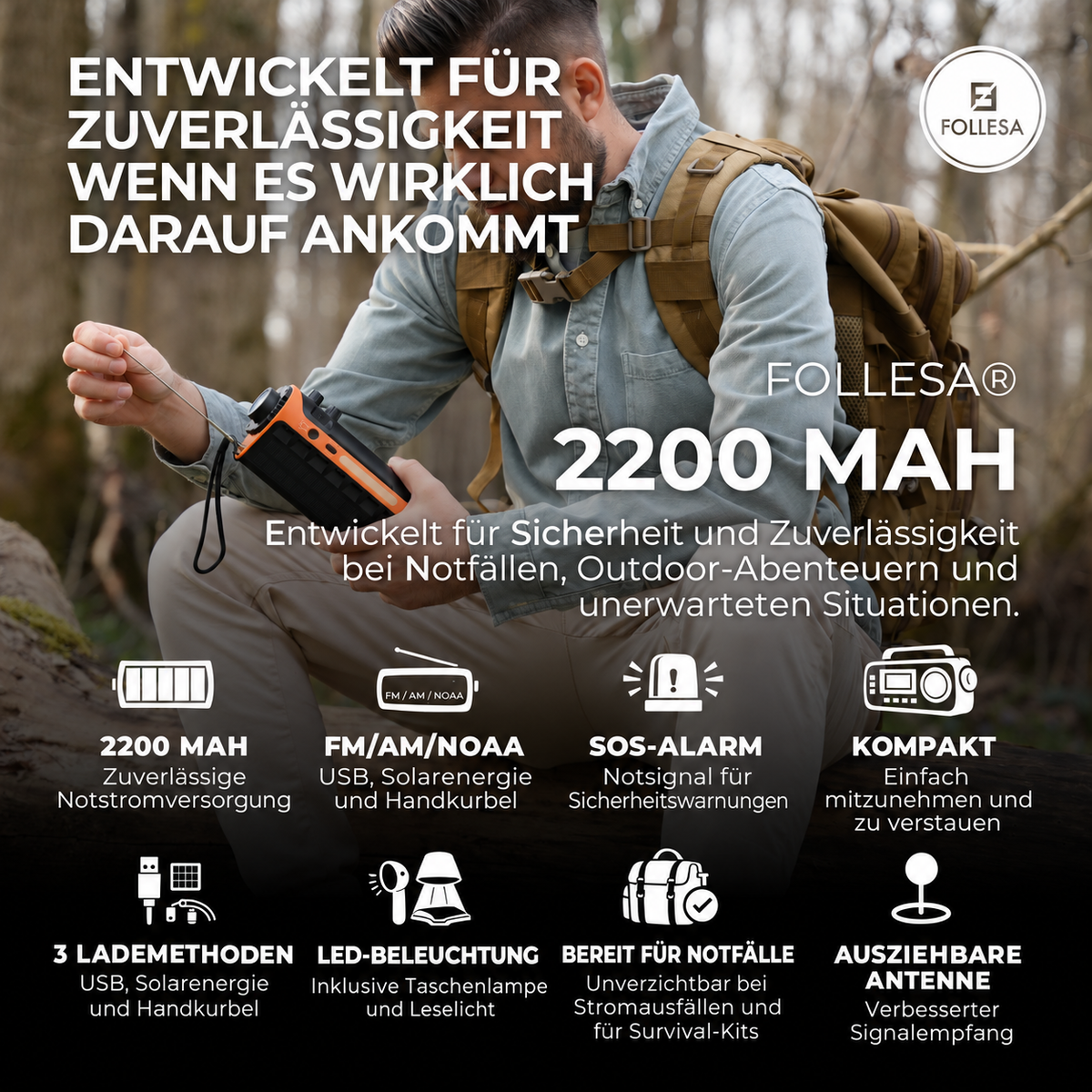 FOLLESA® Notfallradio 2200 mAh