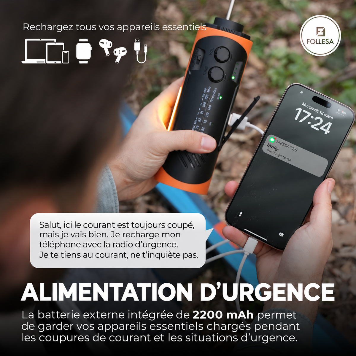 FOLLESA® Radio d'urgence 2200 mAh