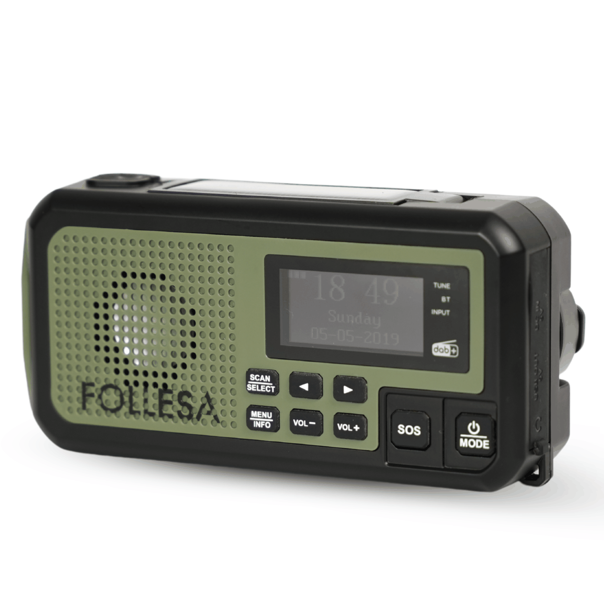 Follesa DAB-373BT green noodradio met zonnepaneel, handzwengel en powerbank voor noodgevallen