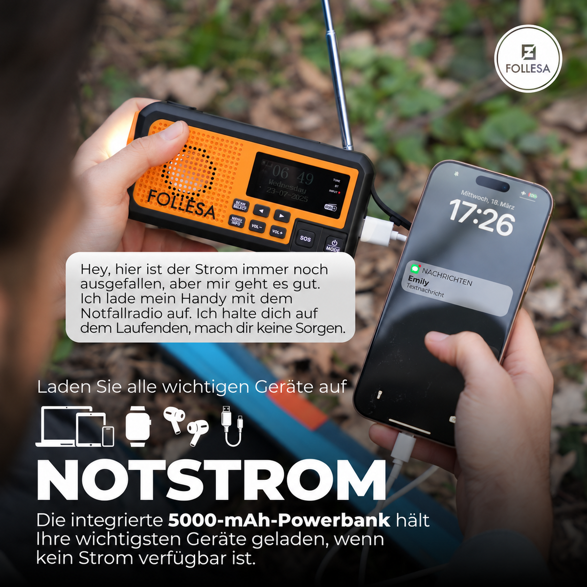 FOLLESA® DAB-373BT Notfallradio