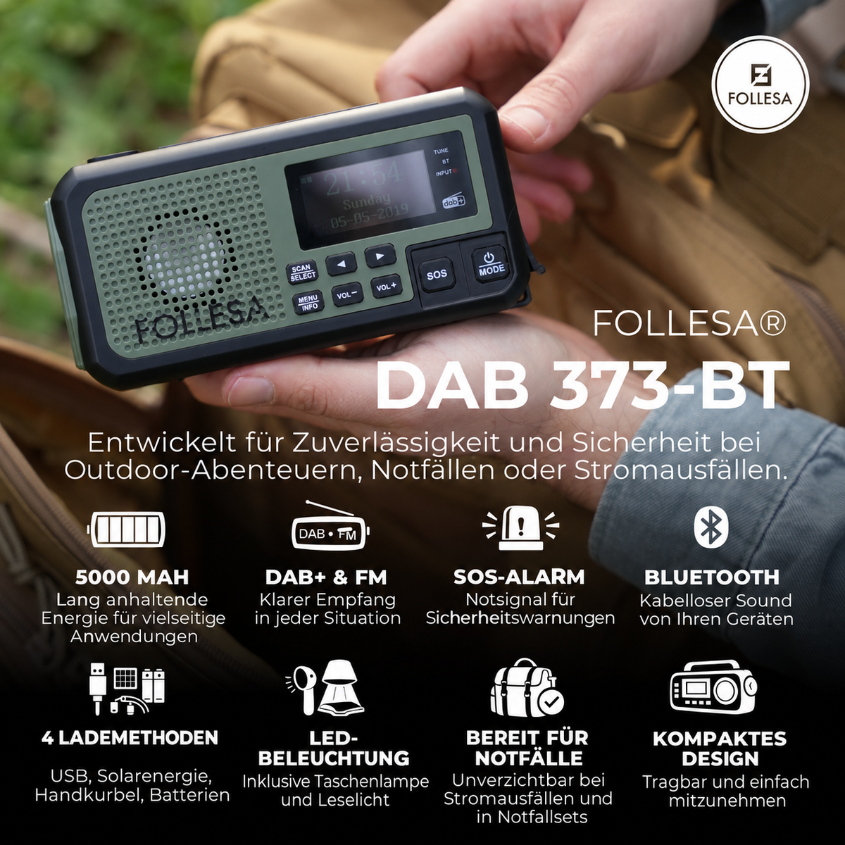 FOLLESA® DAB-373BT Notfallradio
