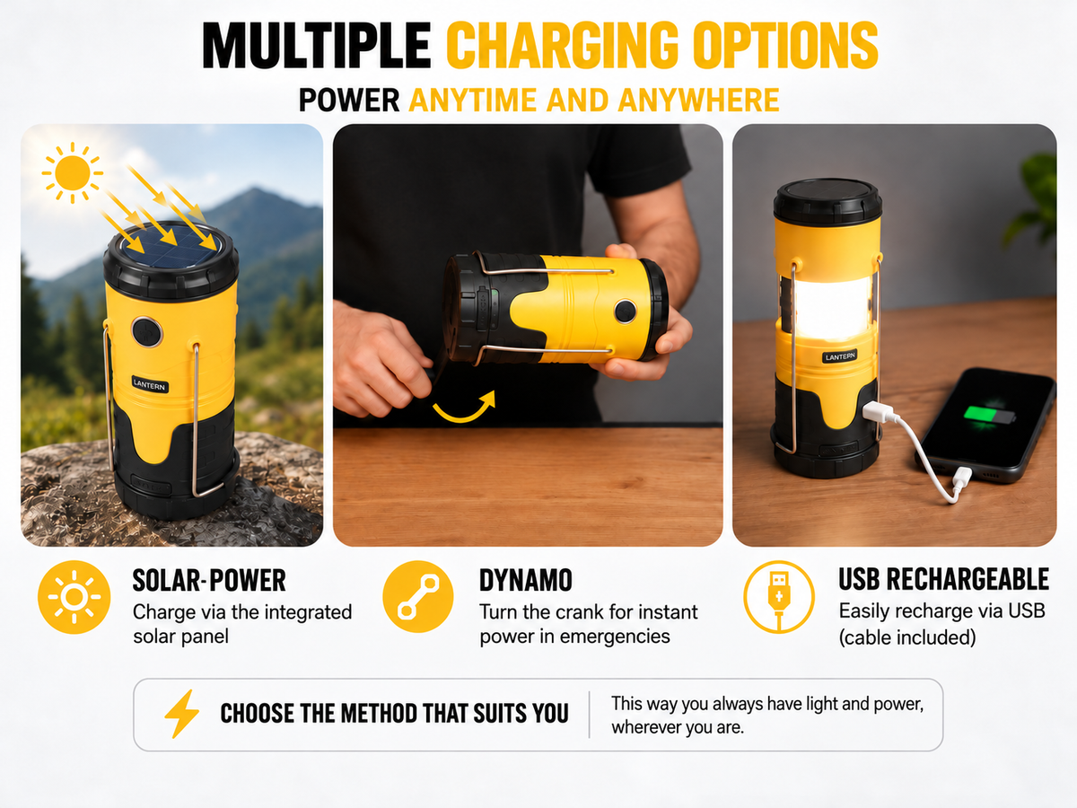 FOLLESA® LED Camping Lamp with 5000 mAh Power Bank – Solar, Dynamo & USB