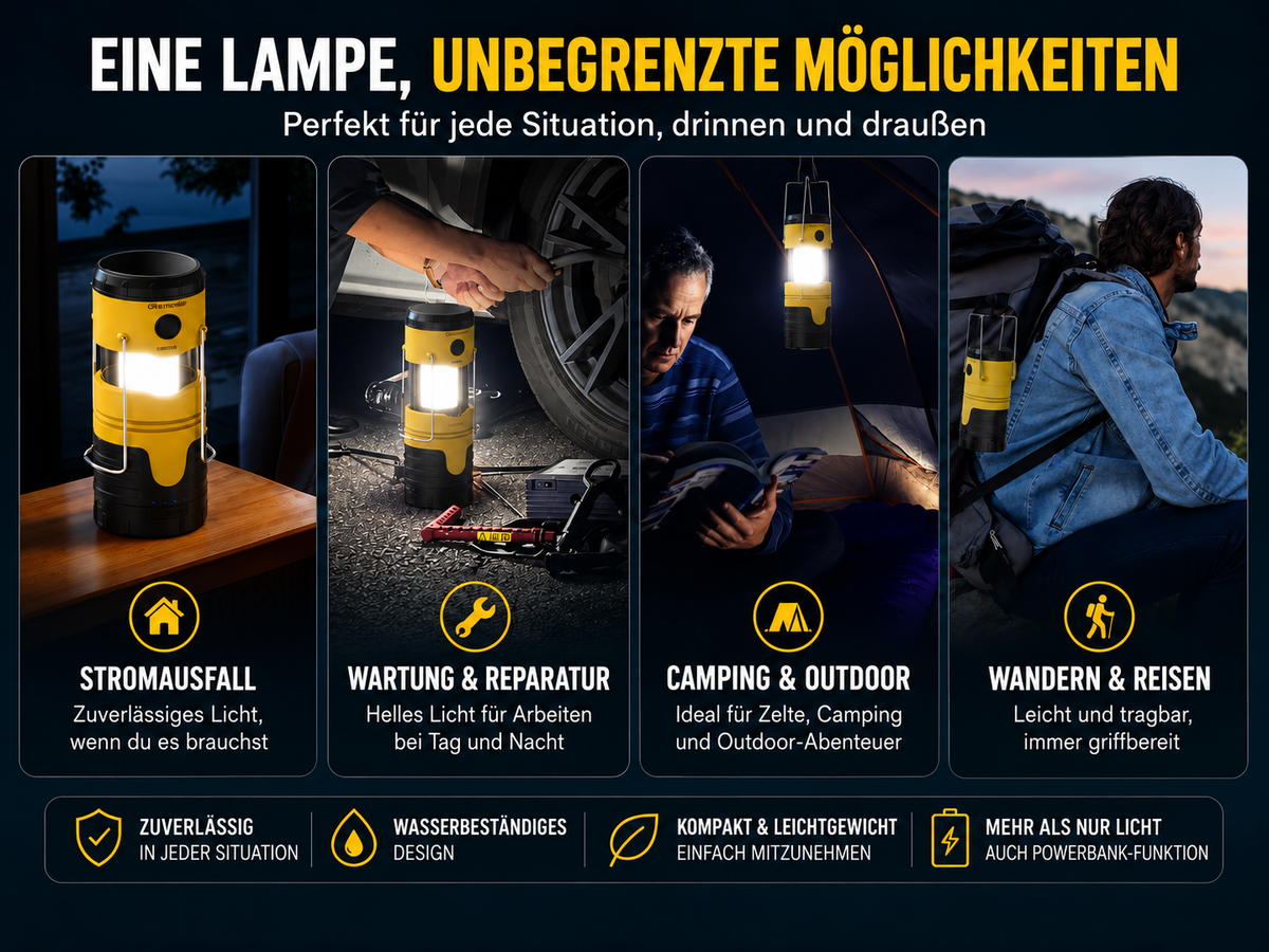 FOLLESA® LED Campinglampe mit 5000 mAh Powerbank – Solarenergie, Dynamo & USB