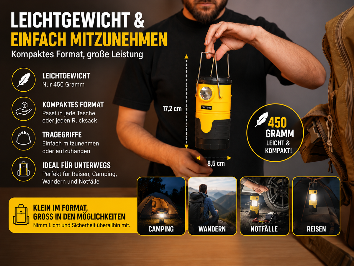 FOLLESA® LED Campinglampe mit 5000 mAh Powerbank – Solarenergie, Dynamo & USB