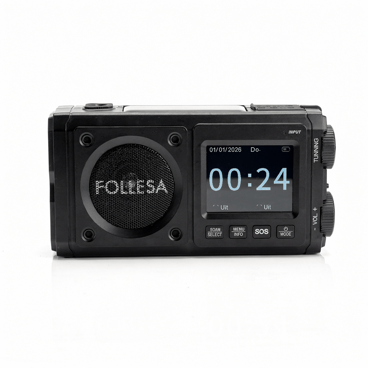 FOLLESA® DAB-383BT Noodradio van zwart kunststof met ronde luidspreker, kleurenscherm en draaiknoppen aan de zijkant.