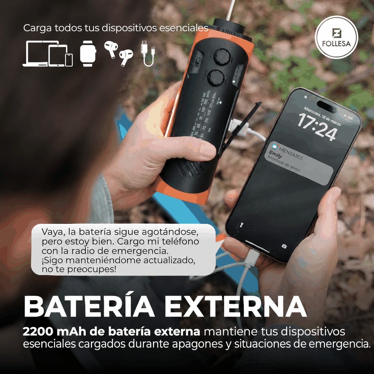 Radio de emergencia FOLLESA 2200 mAh – imagen 5