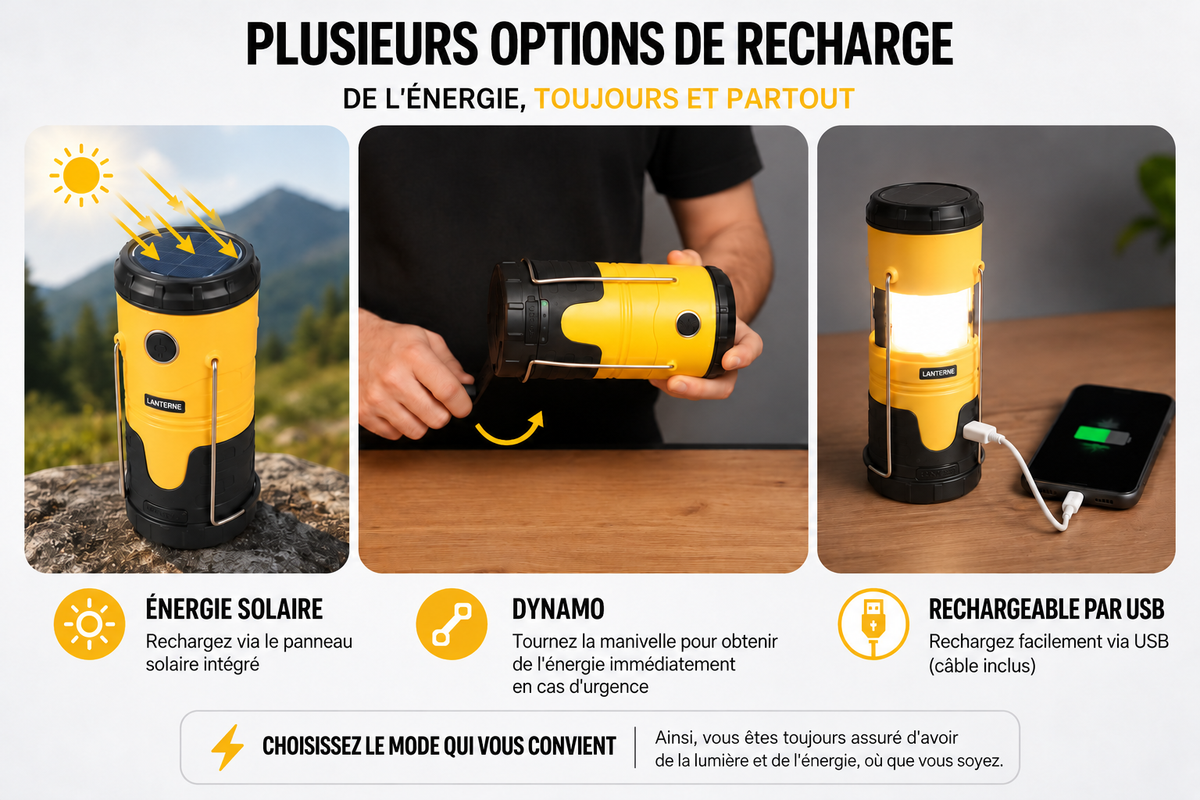 FOLLESA® Lampe de camping LED avec batterie externe 5000 mAh – Énergie solaire, dynamo & USB