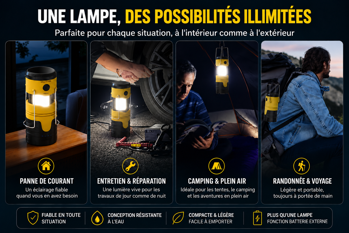 FOLLESA® Lampe de camping LED avec batterie externe 5000 mAh – Énergie solaire, dynamo & USB