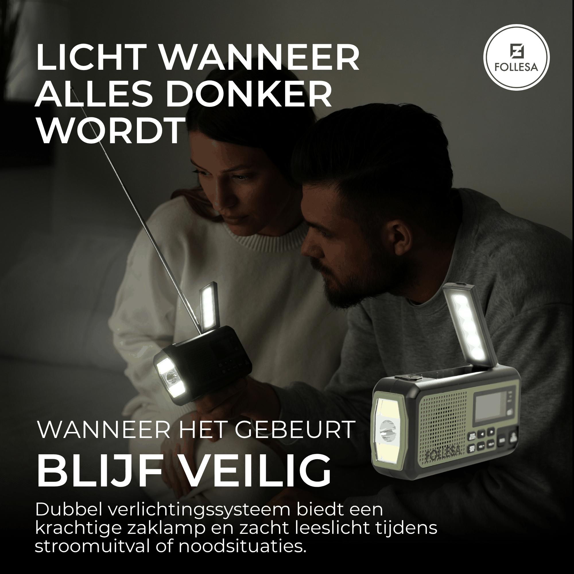 Follesa DAB-373BT green noodradio met zonnepaneel, handzwengel en powerbank voor noodgevallen