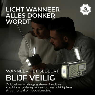 Follesa DAB-373BT green noodradio met zonnepaneel, handzwengel en powerbank voor noodgevallen