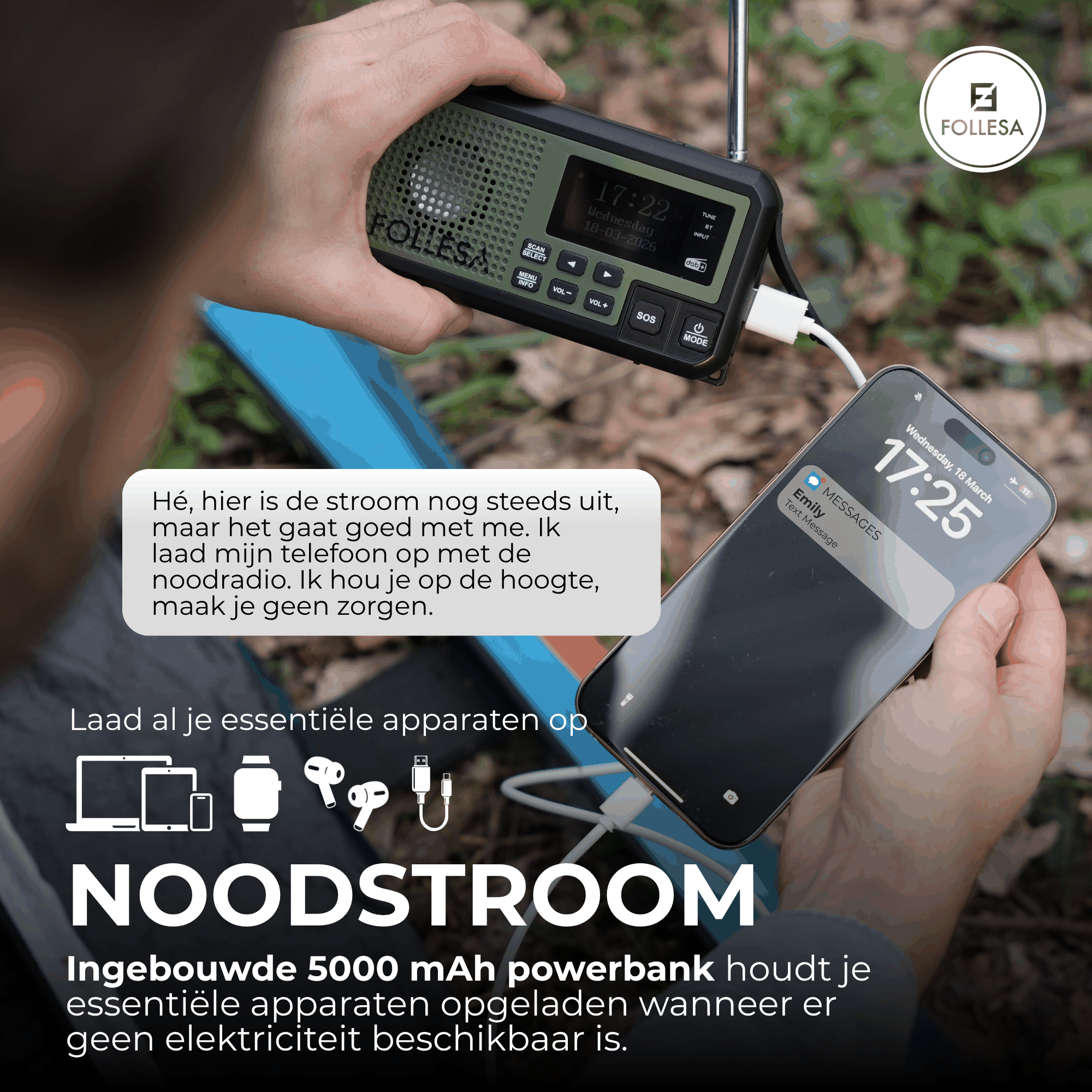 Follesa DAB-373BT green noodradio met zonnepaneel, handzwengel en powerbank voor noodgevallen