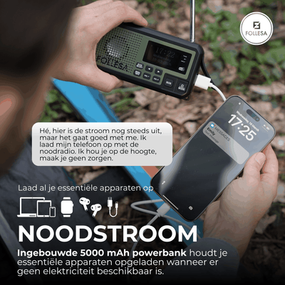 Follesa DAB-373BT green noodradio met zonnepaneel, handzwengel en powerbank voor noodgevallen