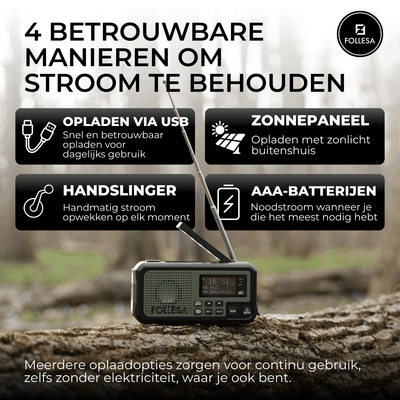 Follesa DAB-373BT green noodradio met zonnepaneel, handzwengel en powerbank voor noodgevallen