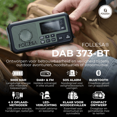 Follesa DAB-373BT green noodradio met zonnepaneel, handzwengel en powerbank voor noodgevallen