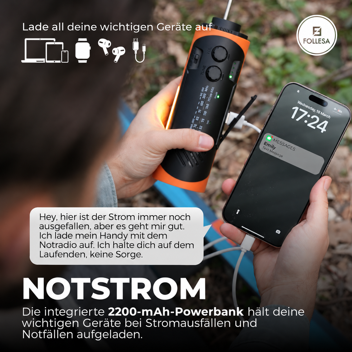 FOLLESA® Notfallradio 2200 mAh