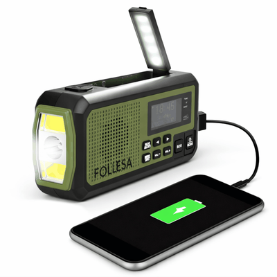 Follesa DAB-373BT green noodradio met zonnepaneel, handzwengel en powerbank voor noodgevallen