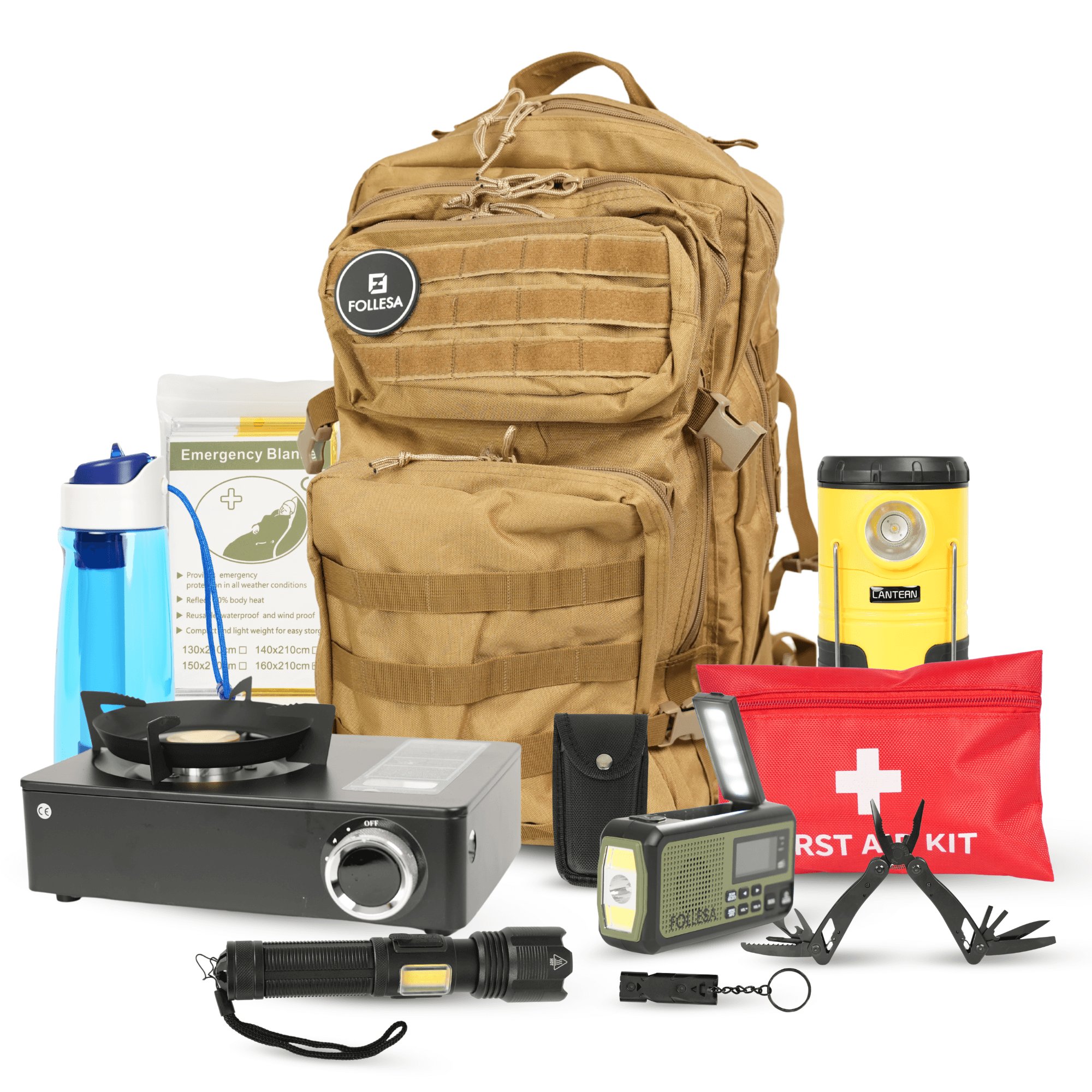 FOLLESA® Noodpakket complete survival kit with DAB 373 BT emergency radio, water filter, gas stove, lantern, and durable backpack