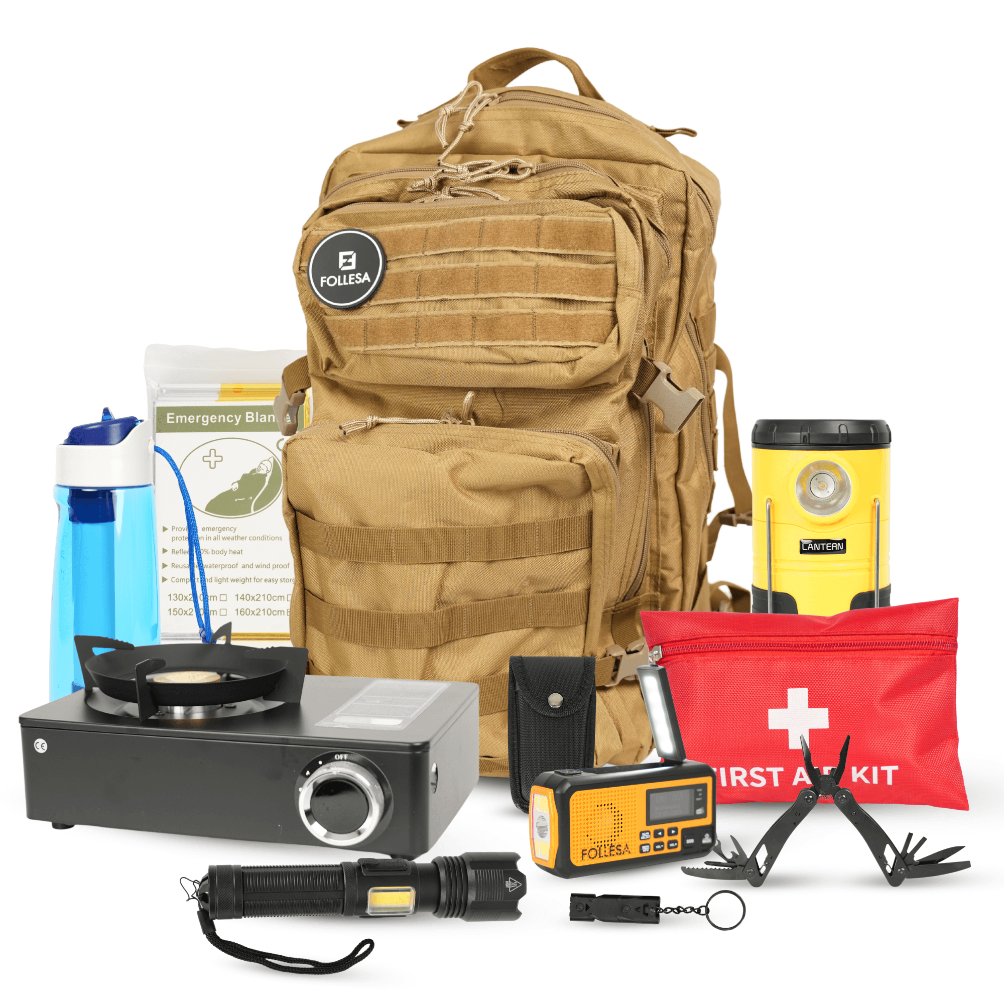Complete noodpakket met Follesa DAB 373 BT noodradio en survival kit in oranje rugzak