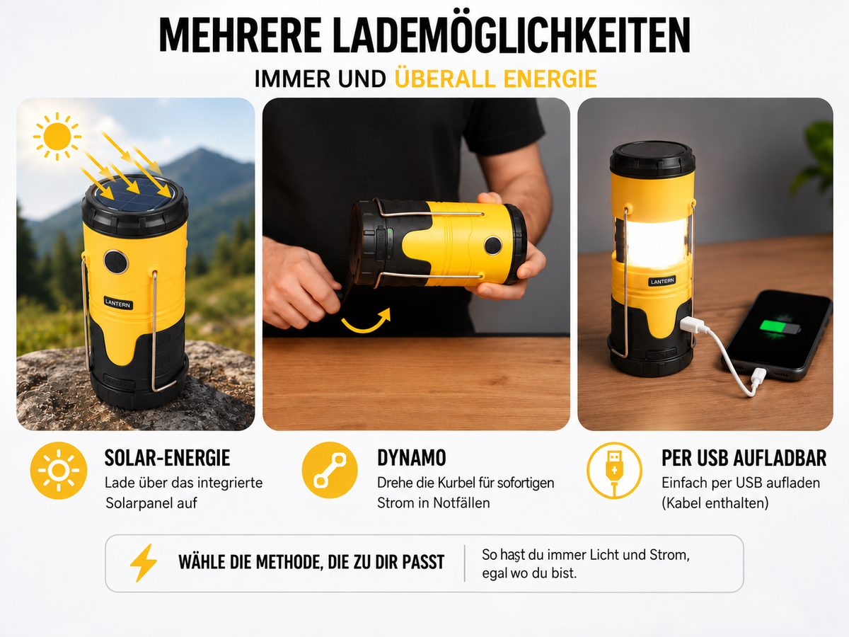 FOLLESA® LED Campinglampe mit 5000 mAh Powerbank – Solarenergie, Dynamo & USB