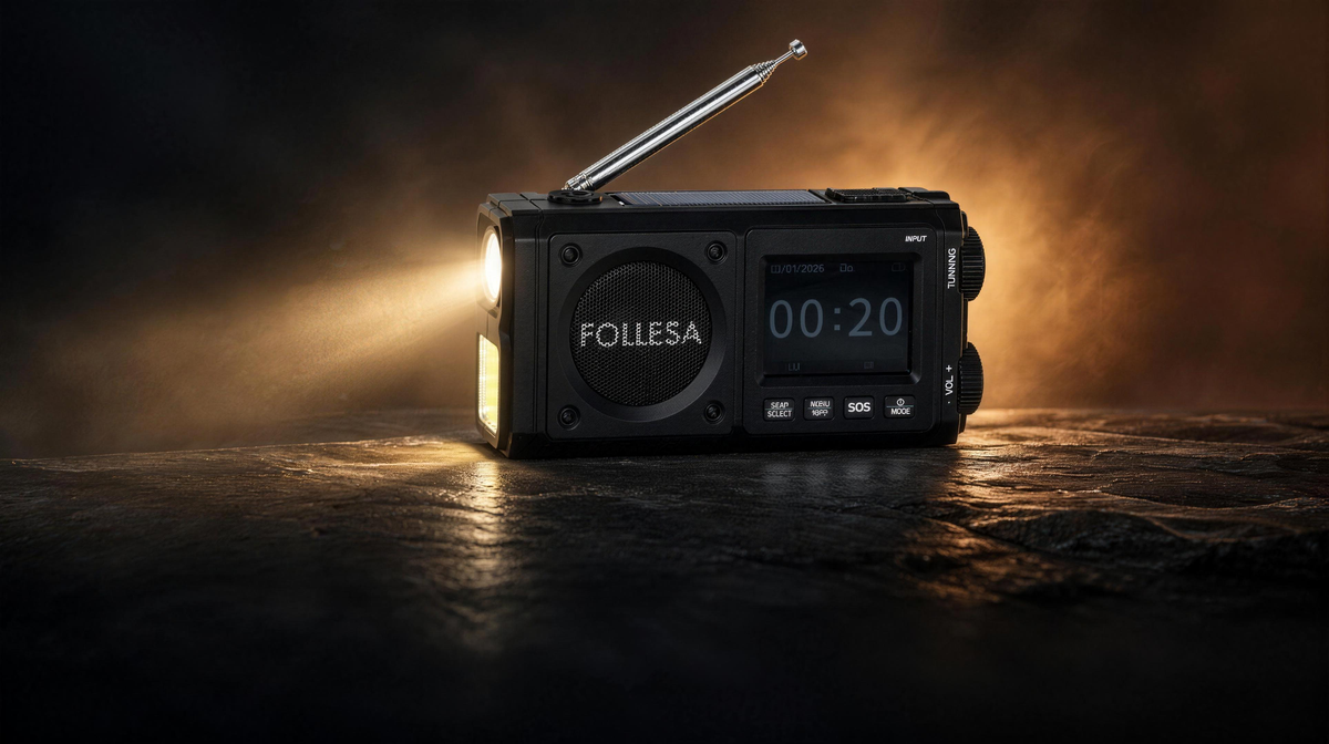 De nieuwe FOLLESA DAB-383BT noodradio met brandende zaklamp