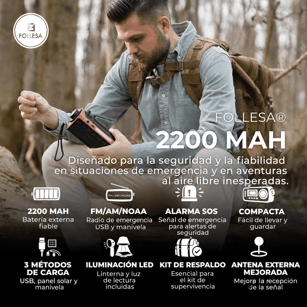 Radio de emergencia FOLLESA 2200 mAh – imagen 4